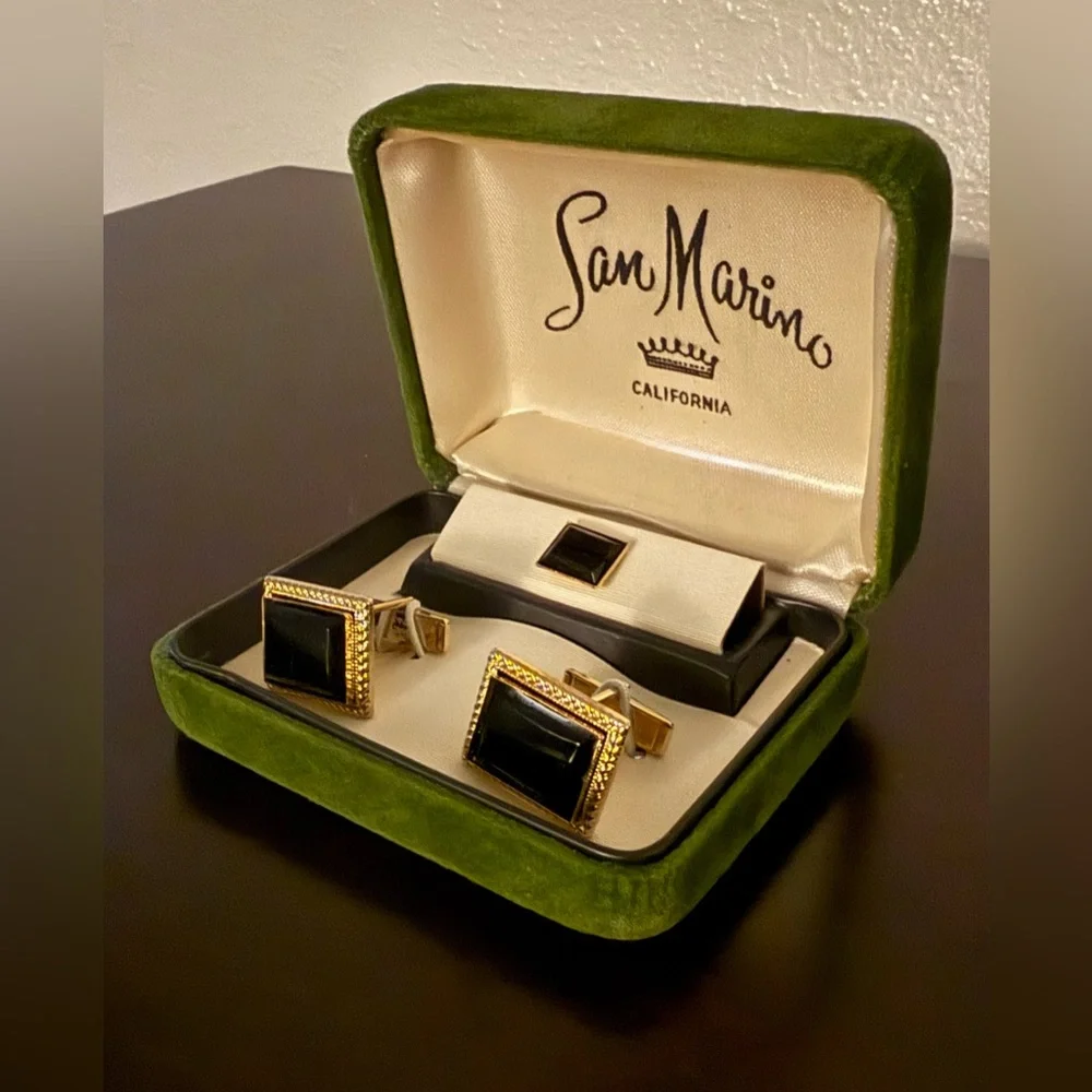 Vintage San Marino Gold Onyx Cufflinks Set Tie Tack Formal Mens Jewelry